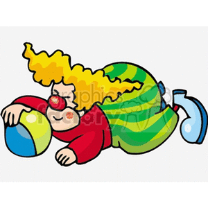 Cartoon circus clown lying on the ground holding a colorful ball.