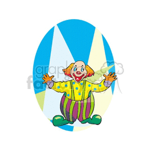 Colorful illustration of a circus clown with a cheerful expression, wearing a vibrant outfit and big shoes, set against a geometric background.