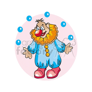 A cheerful circus clown juggling blue balls, dressed in a colorful costume with a big red nose and oversized shoes.