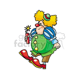 A cheerful circus clown with bright yellow hair, wearing colorful clothing and large shoes, holding a lit firecracker.