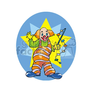 A colorful clipart image of a circus clown dressed in striped overalls, holding a wand with lights, and standing in front of a star-shaped background.