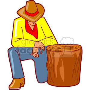 A Cowboy with a Red Bandana Kneeling Next to a Tree Stump
