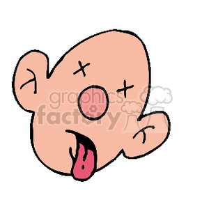 A cartoon-style face with exaggerated features, including crossed-out eyes and a protruding tongue, giving the appearance of being drunk or dazed.