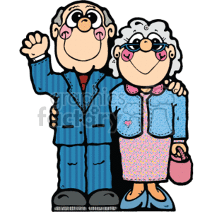 This clipart image shows a cheerful elderly couple, suggesting a warm, familial scene. The man is wearing a striped blue suit with a red tie and is waving hello or goodbye. His joyful facial expression is accentuated with round glasses and a prominent nose. Beside him, a woman presumed to be his partner, is wearing blue glasses matching her floral blue blouse and a pink skirt; she's carrying a pink purse. Both have a cartoonish style with exaggerated round noses and glasses, and the woman has a little heart detail on her blouse, expressing affection.