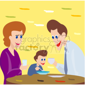 The clipart image depicts a family of three having breakfast together. There's a mother and a father sitting around a table with their child, who appears to be eating from a bowl. The parents are smiling and holding cups, indicating they might be drinking tea or coffee. The background is simple with a yellow shade and abstract patterns.