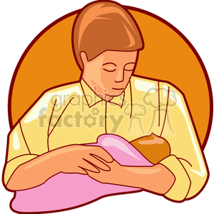 Illustration of a father lovingly cradling a baby wrapped in a pink blanket.