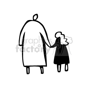 Black and white image of a woman and a girl walking hand in hand