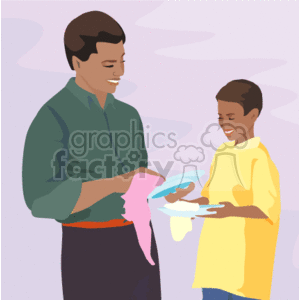 The image is a clipart depicting an African American man and a child participating in household activities. The man appears to be drying dishes with a towel while the child holds a plate, implying that they may have finished washing the dishes together. They are smiling at each other, suggesting a warm, familial interaction. Their clothing is casual, indicating an everyday domestic scene.