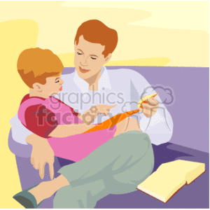 The clipart image depicts a heartwarming scene where a parent and child are spending quality time together. The parent, who appears to be a father, is seated and there is a book on the couch next to him, suggesting that he might be reading to the child. The child, who could be a son, is looking at the book with interest. They both seem engaged and content in this bonding activity. The overall image conveys a sense of familial love and the joys of parenting and learning.