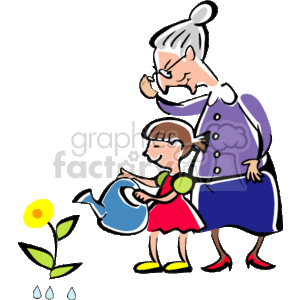 The clipart image features a cartoon of a grandmother and her granddaughter engaging in a gardening activity. The grandmother, wearing glasses and a purple and blue dress, lovingly watches over her granddaughter who is dressed in a red outfit. The granddaughter is watering a yellow flower with a blue watering can, while the grandmother stands close behind with a hand on her shoulder, emanating a sense of care and guidance. There are a few drops of water falling from the can onto the soil around the plant, indicating the action of watering.
