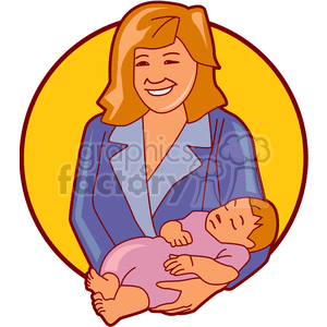 Illustration of a smiling mother holding a sleeping newborn baby in her arms.