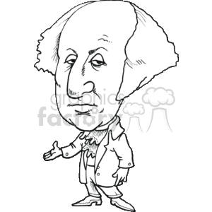 The clipart image features a caricature of George Washington, who was the first president of the United States. This stylized drawing depicts him with an oversized head and a somewhat exaggerated facial expression, standing in a pose that suggests he may be gesturing or speaking. He is dressed in what appears to be period-appropriate attire, possibly indicative of the late 18th century.