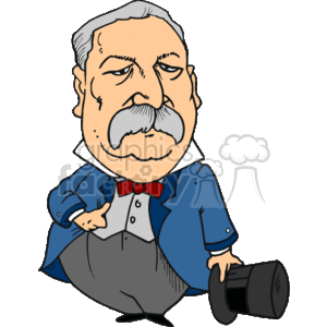 This clipart image features a caricature of Grover Cleveland, who was the 22nd and 24th President of the United States. The caricature is styled in a humorous manner, depicting President Cleveland with an exaggerated mustache and prominent chin. He is dressed in a blue coat with tails, a red bow tie, and grey trousers, and is carrying what appears to be a top hat in his hand.