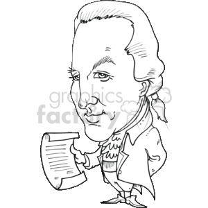 The image depicted is a black and white caricature drawing of a historical figure who appears to be from the American colonial era, likely representing the 2nd President (John Adams) of the United States. The figure has features commonly associated with that time period's fashion: a queue-style ponytail, colonial-era clothing, and is holding what seems to be a document or letter.