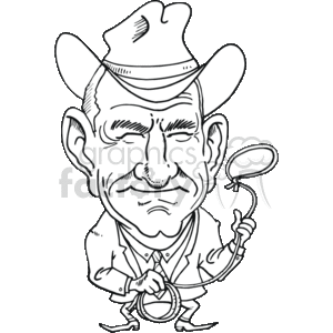 The clipart image depicts a caricature of the 36th President of the United States, Lyndon B. Johnson (LBJ), known for his political work and influence in American history. The image features a whimsical representation with exaggerated facial features characteristic of caricature art. He is shown wearing a cowboy hat, adding to the humorous aspect of the image as a nod to his Texan heritage. The figure is also holding a lasso, further emphasizing the playful Texas theme.