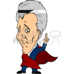 This image contains a caricature of a historical male figure, which resembles Andrew Jackson. The caricature features the figure with distinct facial features such as sharp cheekbones and a prominent forehead. He is depicted with gray hair and is dressed in a blue jacket with a red cape. His right index finger is raised as if he is making a point or giving a speech. The style of the image is humorous and cartoonish, fitting for educational or entertainment purposes related to American history or politics.
