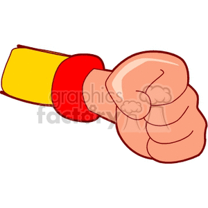 A cartoon illustration of a clenched fist, wearing a yellow sleeve and red cuff.