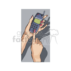 Clipart of hands holding and using a classic cell phone.