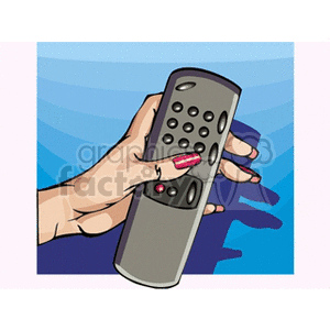 Illustration of a hand holding a television remote control against a blue background.