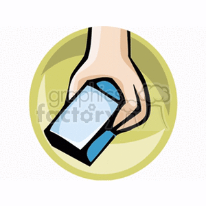 Illustration of a hand holding a blue eraser with a green circular background.