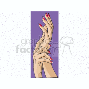 Illustration of elegantly posed hands with red nails against a purple background.