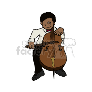  The image is a clipart representation of a young African child playing the cello. The child appears to be focused on playing the instrument, holding the bow with one hand and the cello