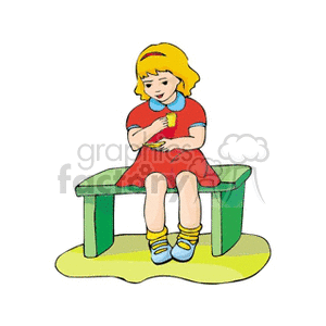 Girl in a red dress sitting on a bench