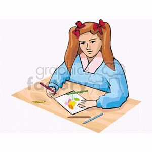 Girl in pigtails drawing