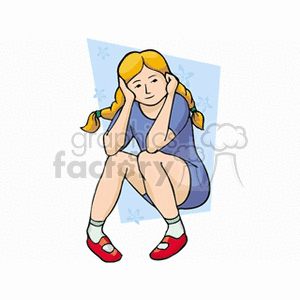 A blonde haired girl with braids in her hair and her head in her hands