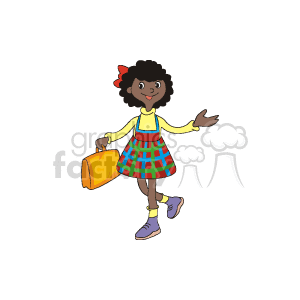 The image depicts a cartoon of a young African American girl. She has a cheerful expression and is wearing a colorful skirt, a yellow top with blue sleeves, and purple shoes. Her hair is styled with a red bow, and she is holding a bright yellow suitcase or lunch box in one hand.