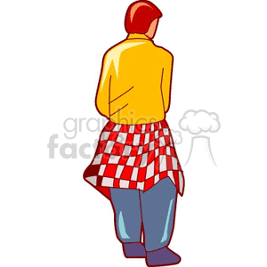 A red haired boy with his back turned with a checked shirt tied around his waist