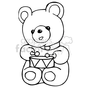 The clipart image shows a teddy bear playing a drum. This is a simple line drawing that could be suitable for coloring activities for children.