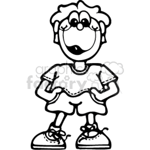 The clipart image depicts a cartoon of a boy with a country style, featuring an oversized t-shirt and large shoes. The boy has curly hair, a happy expression with his tongue sticking out slightly, and hands placed on his hips in a confident posture.