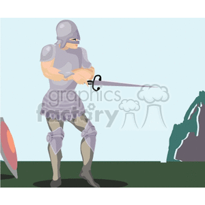 Illustration of a medieval knight in armor, wielding a sword.