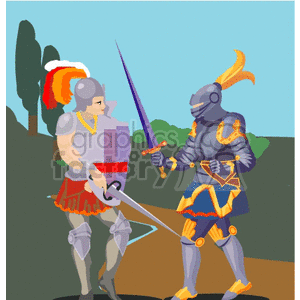 Illustration of two medieval knights in armor engaged in a duel with swords.