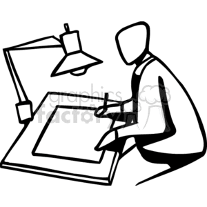 Black and white man sitting at a drafting table 