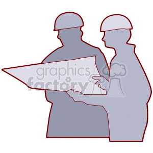Silhouette of two construction workers looking at blueprints 