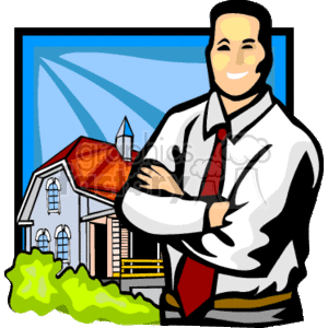   This is a clipart image of a smiling man, likely representing a real estate agent or realtor, with a stylized house in the background. The man is wearing a white shirt with rolled-up sleeves, a red tie, and slacks, with his arms folded confidently. The house behind him appears to be a single-family home with a red roof, showcasing a common scenario where a realtor is ready to assist with buying or selling a property. 