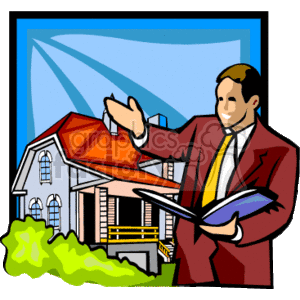 The clipart image features a person dressed in a business suit who appears to be a realtor, holding a folder or portfolio with illustrations and pointing towards a stylized house, which is likely to represent a home for sale in the context of real estate. The background includes a suggestion of an outdoor setting with greenery and a blue sky.