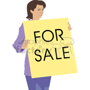 The clipart image depicts a woman holding a large yellow sign with the words FOR SALE written on it. She is smiling and appears to be a professional, possibly a real estate agent, who is advertising a property for sale.