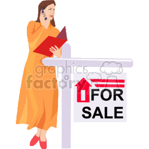 The clipart image depicts a female realtor standing next to a For Sale sign. She is holding a red folder and talking on a mobile phone. The woman is dressed in a professional orange dress and red shoes.