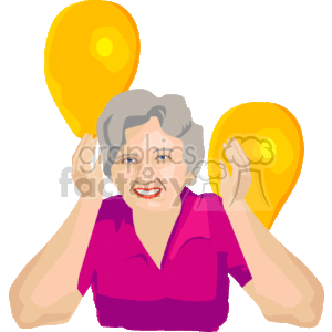 The clipart image depicts a joyful senior woman celebrating with two yellow balloons in her hands. She is smiling, wearing a pink shirt, and appears to be having a good time, which suggests a festive atmosphere likely related to a birthday party or a special celebration.
