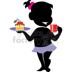 Girl holding a piece of cake and a cup