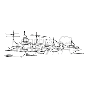 The image is a black and white line drawing of a coastal scene likely on the east coast. It depicts the ocean with water clearly indicated by wavy lines. There are boats and yachts of various sizes docked at a port, indicating a marina or a harbor setting. There are also piers or docks extending into the water, with multiple masts from the boats or yachts extending upwards, suggesting the presence of sailboats.