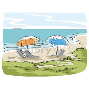 The clipart image depicts a serene beach setting with two beach chairs and umbrellas on the sand. There is ocean water in the distance under a blue sky with light clouds, and some greenery is visible, possibly dune grass, indicating a coastal environment.
