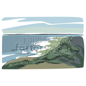 The clipart image depicts a stylized scene of a coastal landscape, possibly representing the East Coast. It features an ocean or beach with water in the background and a grassy or vegetated coastline in the forefront. There is a distinct separation between the land and the water, suggesting the edge of the coast. The sky above appears to have some cloud cover.