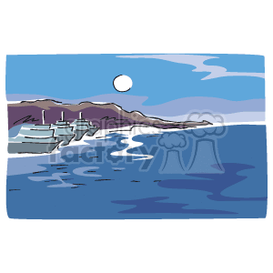   The image appears to be a simple clipart representation of an east coast maritime scene. It features the ocean with calm blue waters, a sky with light and dark patches indicating clouds, and a coastline that includes a beach area. On one side, there