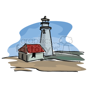 The clipart image shows a lighthouse with a red-roofed adjacent building on a shore, possibly symbolizing a coastal location. The background suggests water, indicating an ocean or sea setting, typical of east coast scenes.