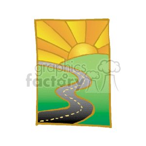 The clipart image depicts a stylized landscape featuring a curvy, zigzagging road traversing green hills with a large yellow sun setting or rising in the background against a bright sky with radiating beams of light.