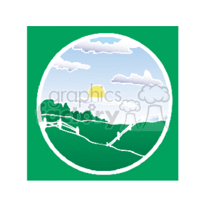 The clipart image features a stylized landscape within a circular frame. There are hills or small mountains, with a fence running along one of them. The sky is depicted with a few clouds and a prominent sun. The overall style is simplistic and graphical, commonly used in logos, icons, or digital art conveying a natural setting.
